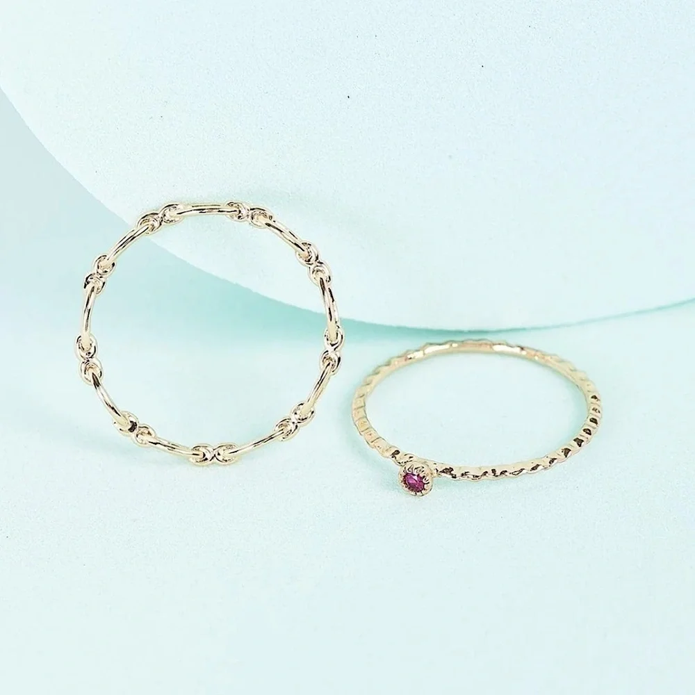 Gold Tone Delicate Chain Link Ring & Pink Garnet Colored Gemstone Ring Sz 7 New